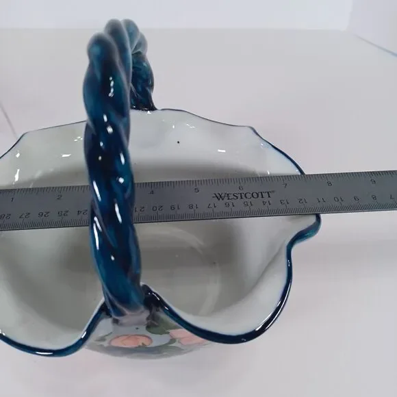 Ruffled Ceramic Basket Handcrafted Blue White Pink Floral Twisted Handle - Picture 10 of 11